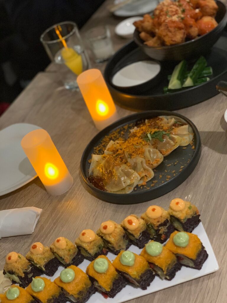 Vegan sushi dishes from Beyond Sushi in New York City with colorful presentation