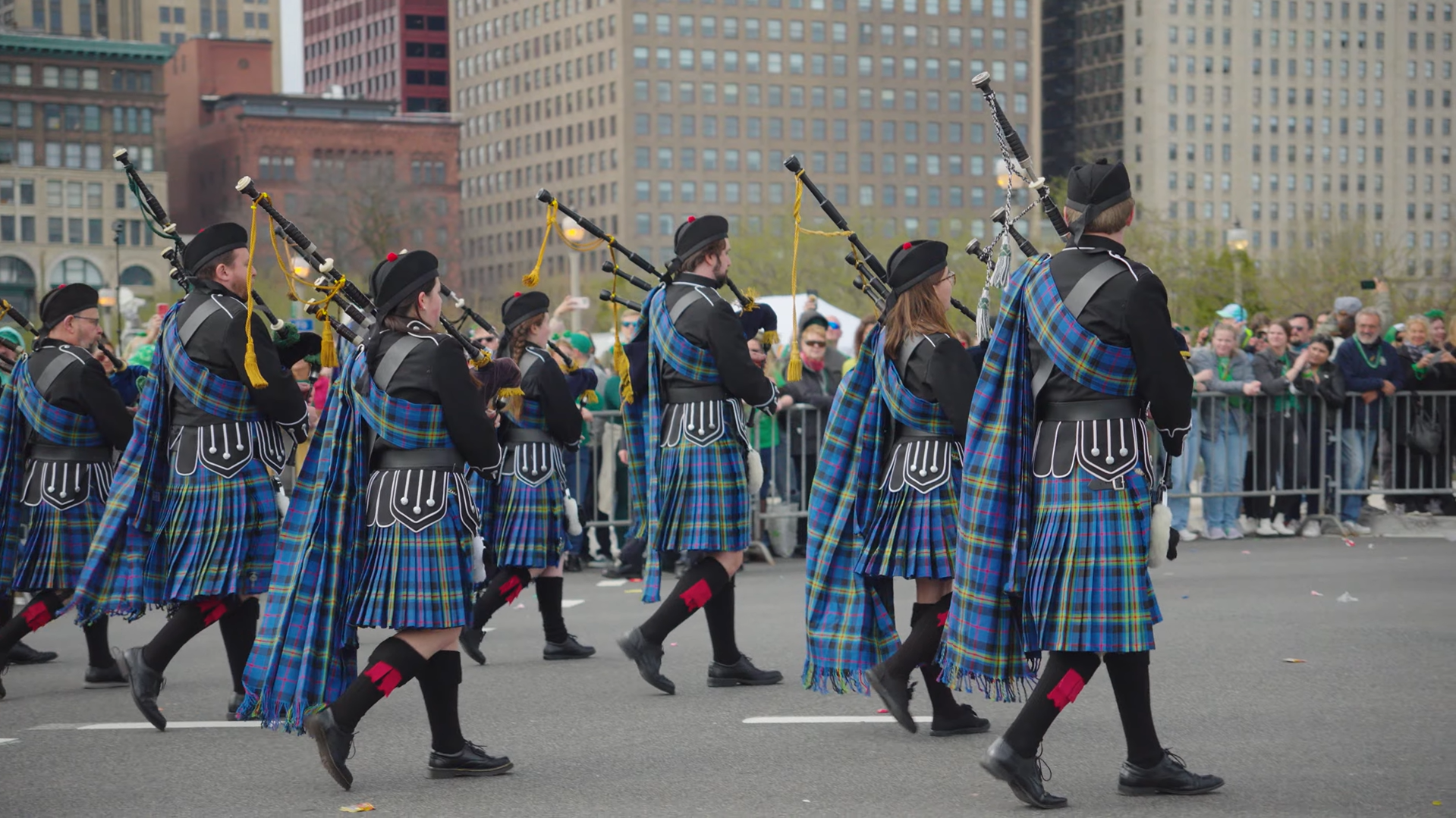Irish Parade in Chicago with families and community groups celebrating St. Patrick’s Day