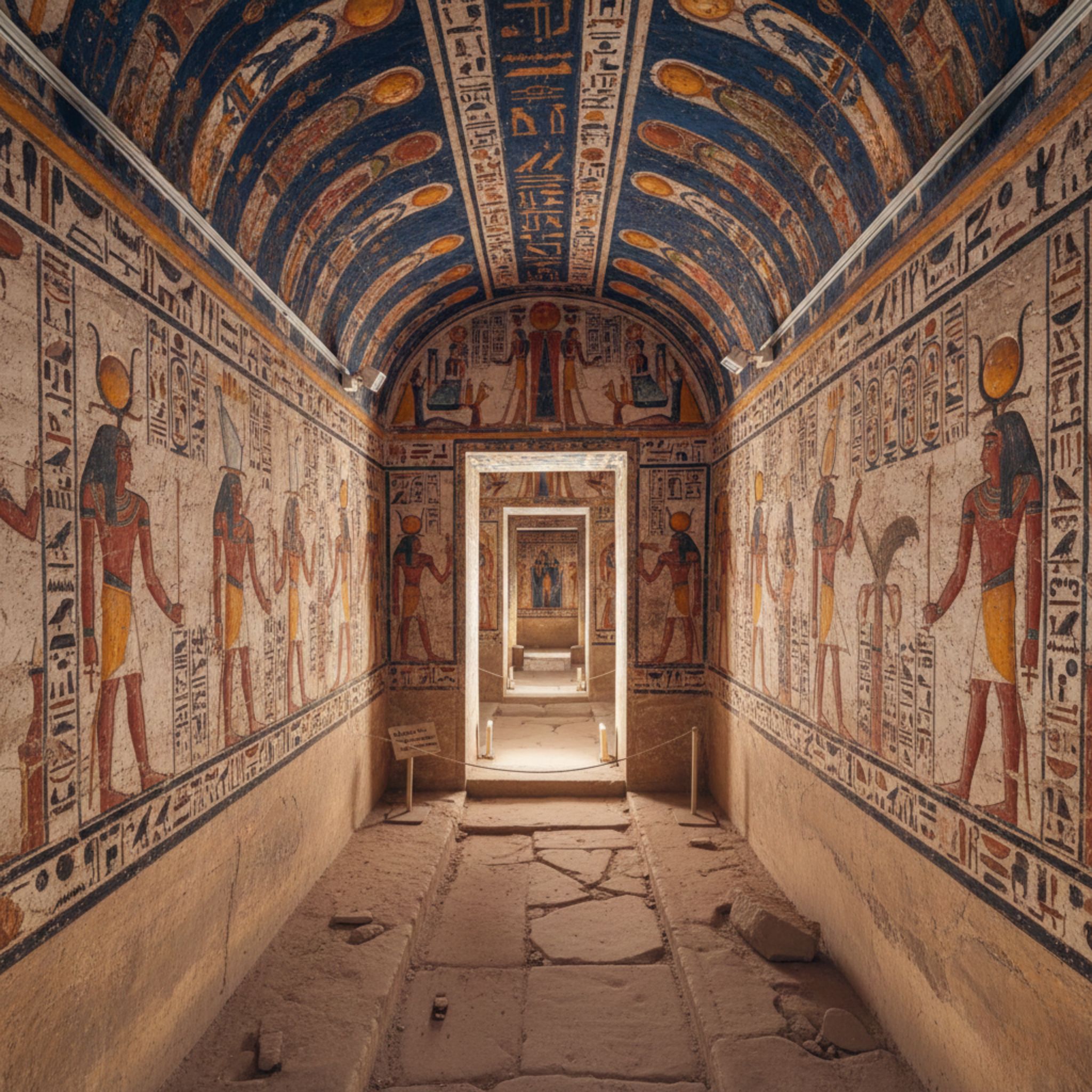 Colorful painted tomb interior showing Egyptian deities and arched ceiling at Valley of the Kings, Luxor