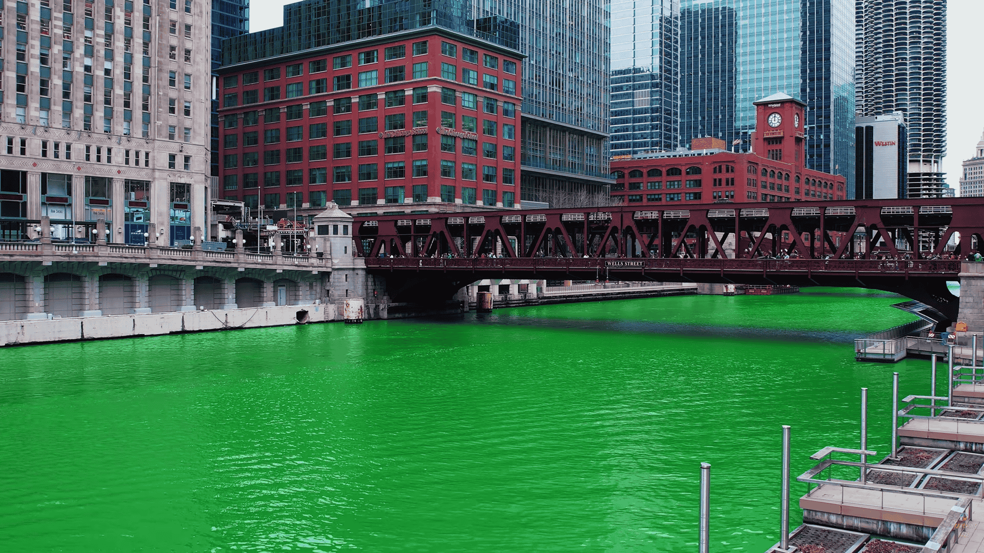 Chicago River dyed bright green during St. Patrick’s Day celebration with downtown skyline in the background