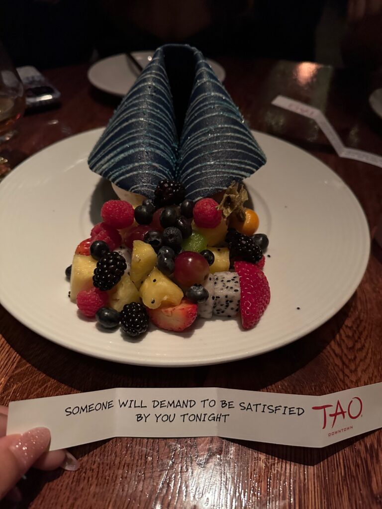 Dessert served at TAO Downtown restaurant in New York City with plated presentation