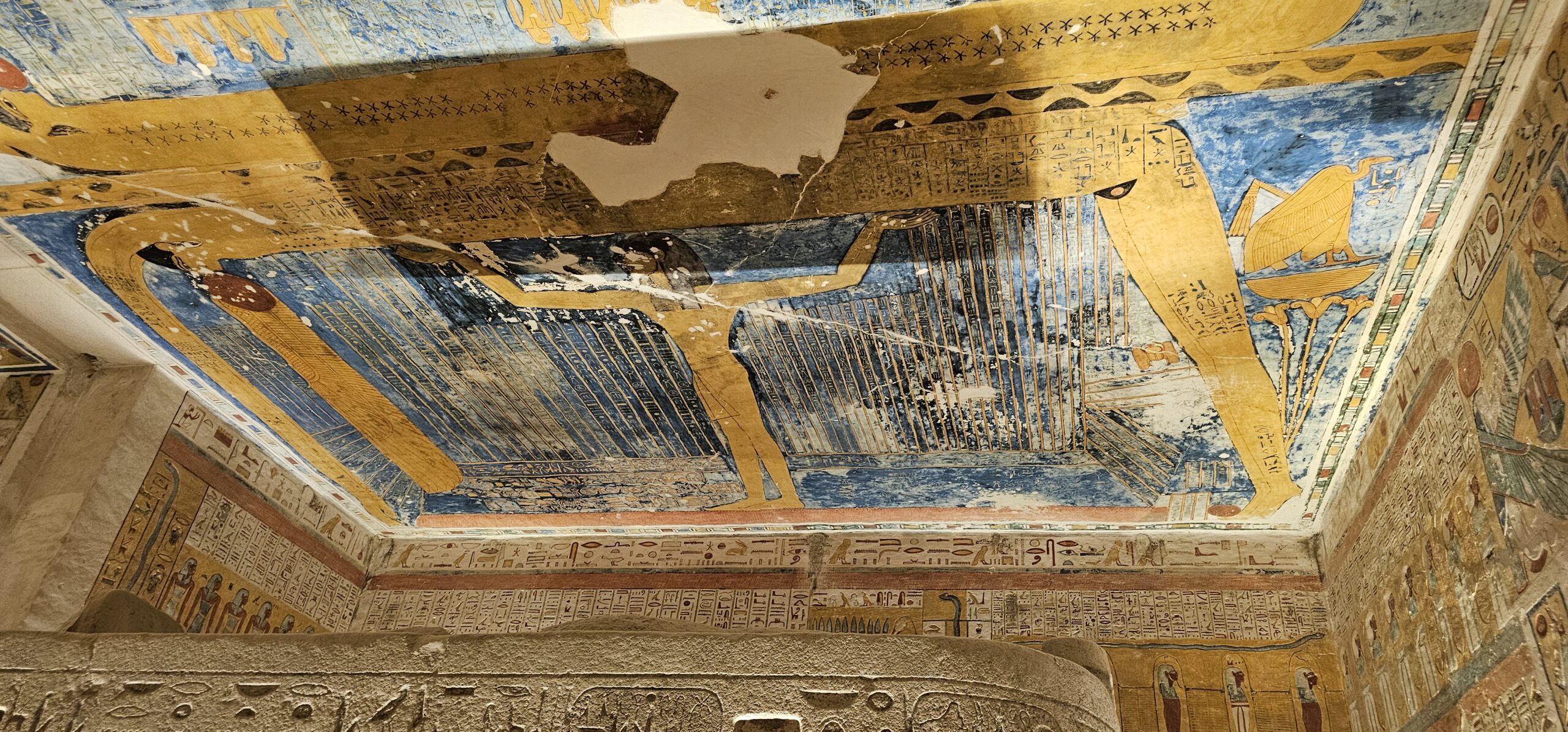 Famous KV9 burial chamber ceiling depicting goddess Nut stretched across the sky at Valley of the Kings