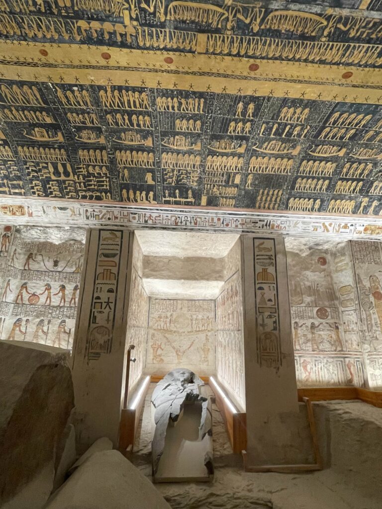 Burial chamber inside KV9 tomb showing sarcophagus and painted ceiling at Valley of the Kings