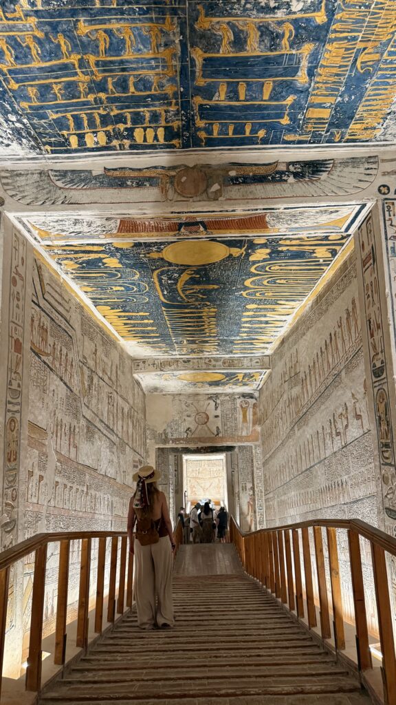 KV9 tomb corridor showing famous astronomical ceiling with goddess Nut at Valley of the Kings, Luxor