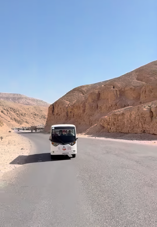 Valley of the Kings tram shuttle carrying tourists from Visitor Center to tomb entrance, Luxor