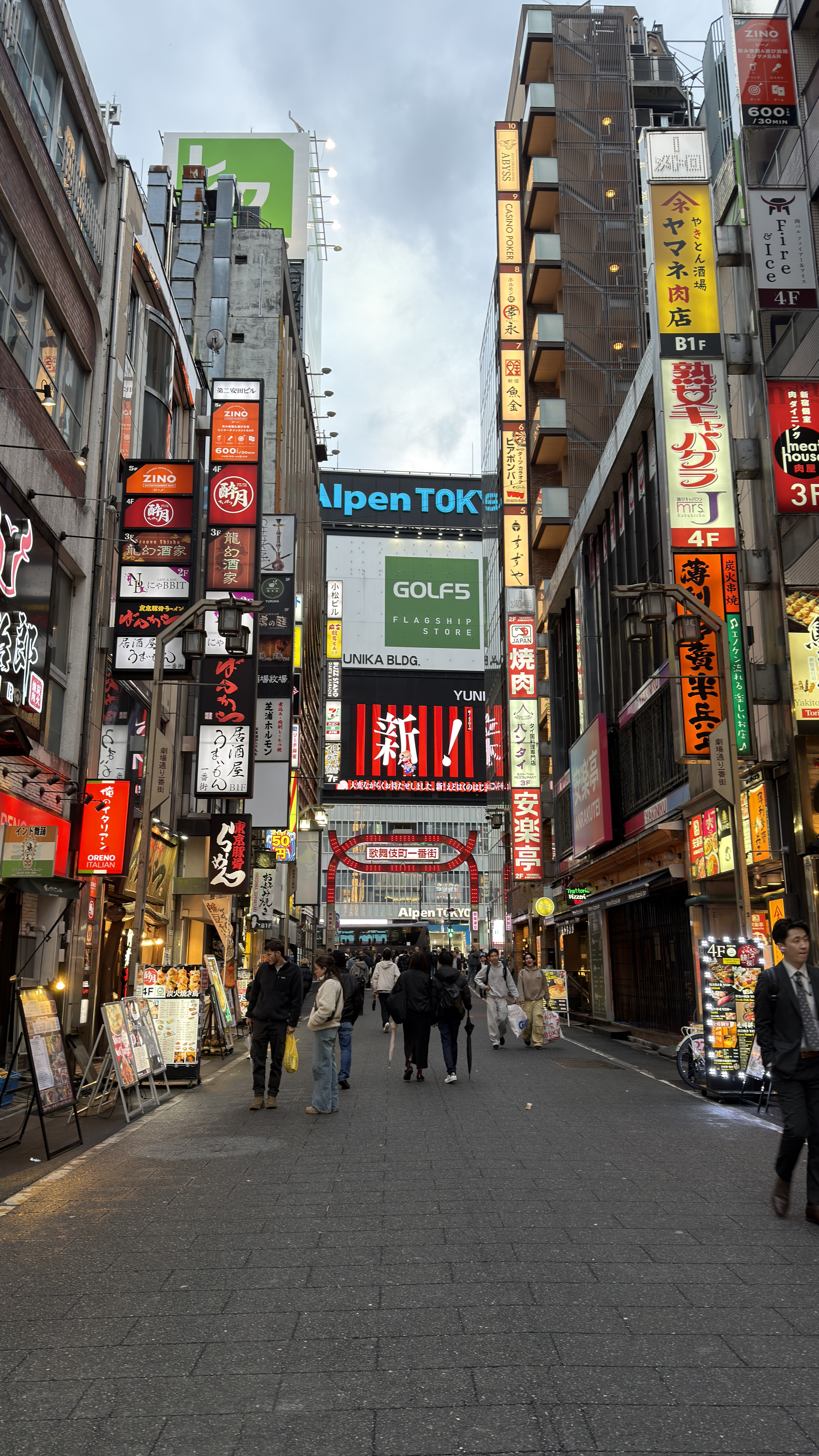 Street lined with tall buildings and colorful vertical Japanese signs in Shinjuku, Tokyo