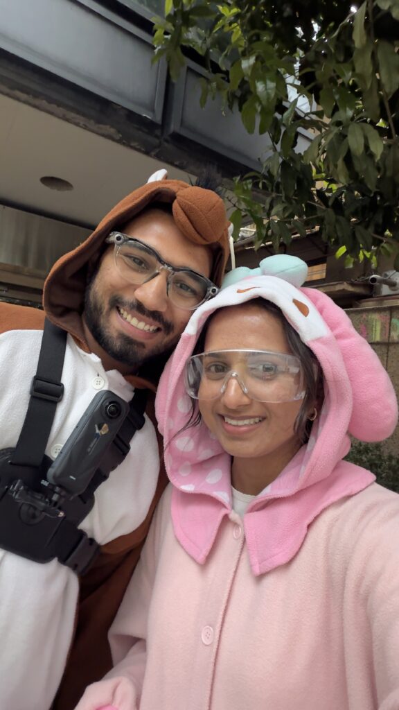 Couple in animal costumes taking a selfie before their Street Kart tour in Shibuya, Tokyo