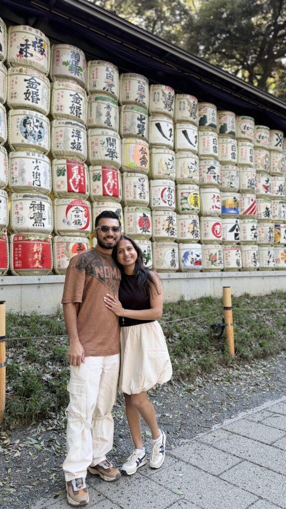 Rows of sake barrels stacked at Meiji Jingu, Tokyo