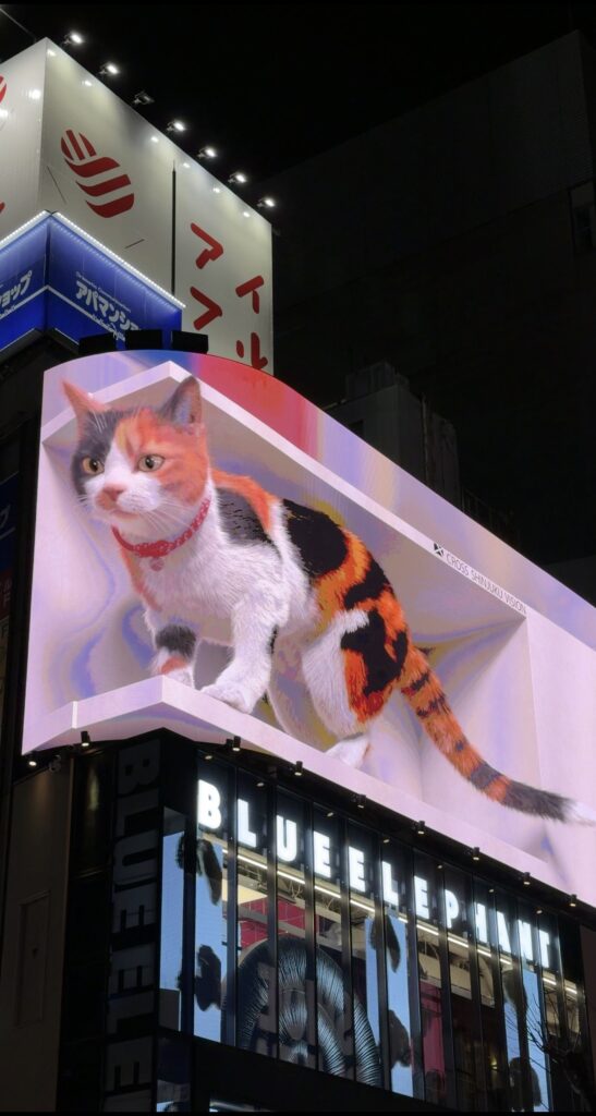 Giant 3D calico cat billboard on a building corner in Shinjuku, Tokyo